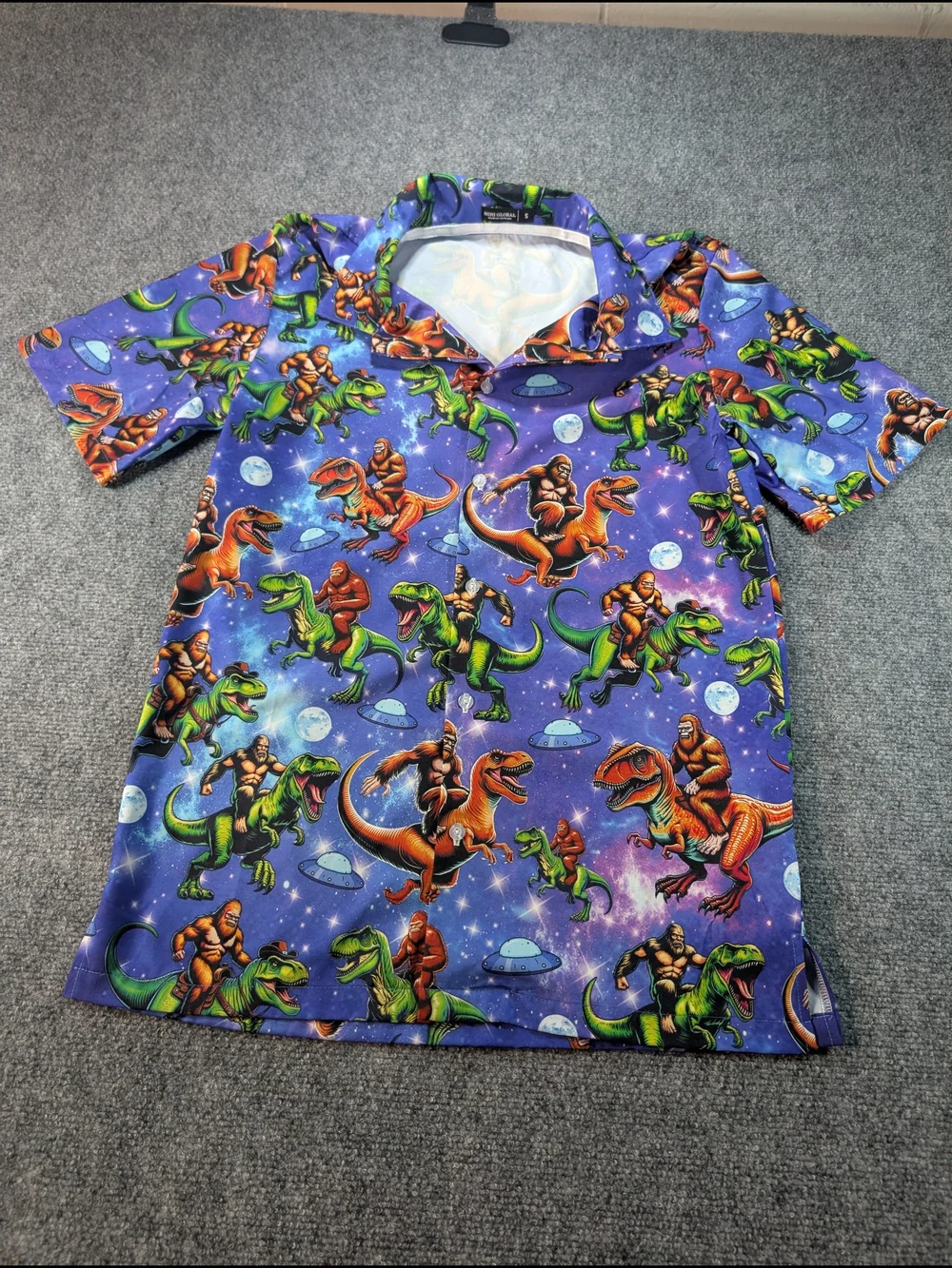Men's Small Purple Dinosaur & Space Polo Shirt with Colorful Dino Print